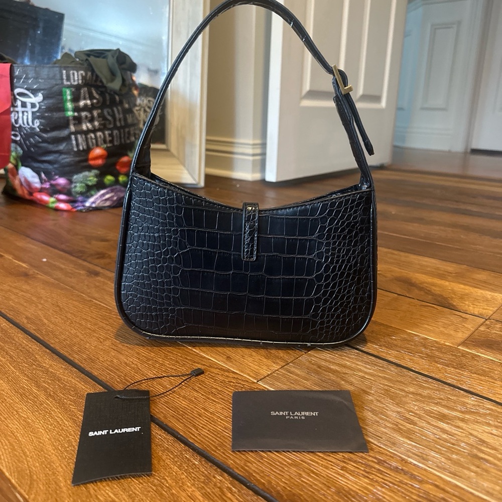 Saint Laurent Black Croc-Embossed Shoulder Bag with Gold YSL Hardware - Picture 3 of 5